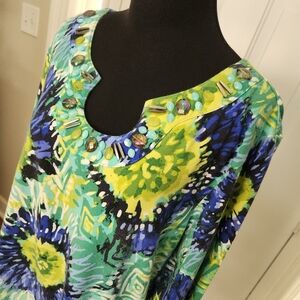 Ruby Rd. Beaded Floral Blues Greens Yellows Top  Size 1X Plus